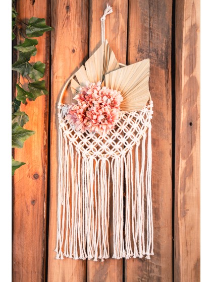 DECO MURALE MACRAME ARRONDIE POCHETTE BLANC CASSE 19CM X 1CM X 42-52CM