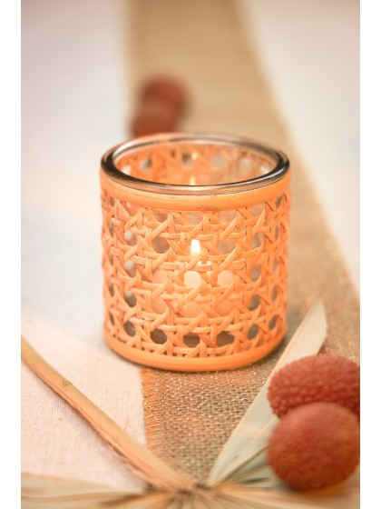 GLASS CANDLE HOLDER WITH RATTAN DIA 8CM X 8CM