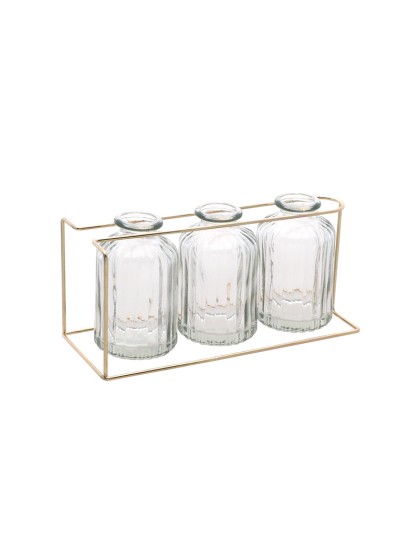 3 CLEAR GLASS VASES ON GOLDEN METAL STAND 22CM X 8.5CM X 10.5CM