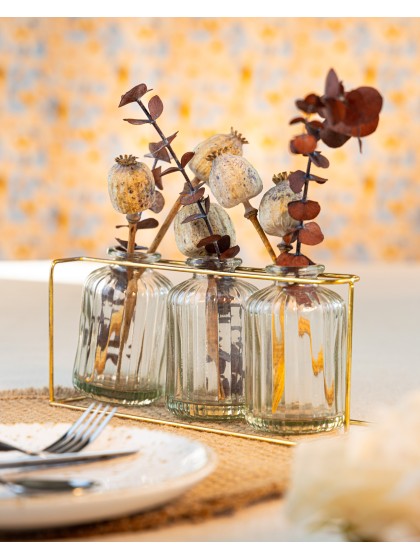 3 CLEAR GLASS VASES ON GOLDEN METAL STAND 22CM X 8.5CM X 10.5CM