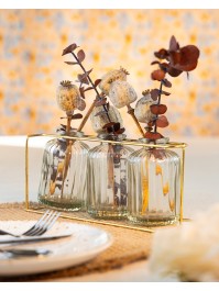 3 CLEAR GLASS VASES ON GOLDEN METAL STAND 22CM X 8.5CM X 10.5CM