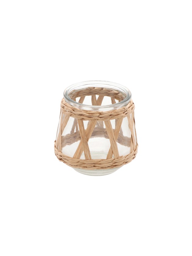 PORTE BOUGIE VERRE TRANSPARENT ET TRESSAGE NATUREL PM DIA 10CM X 9CM