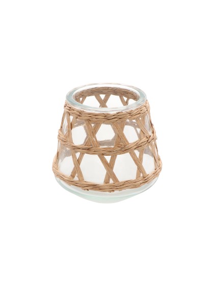 PORTE BOUGIE VERRE TRANSPARENT ET TRESSAGE NATUREL GM DIA 12CM X 12CM