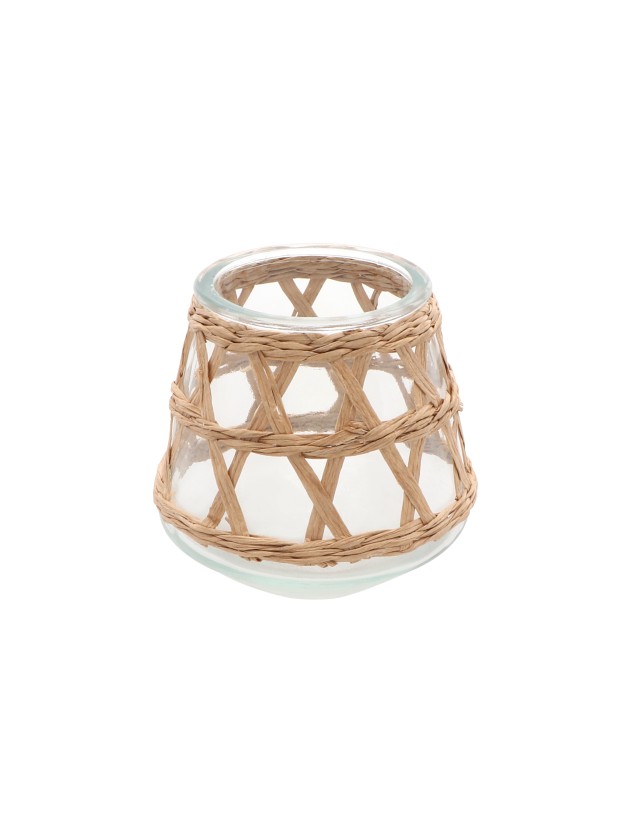 PORTE BOUGIE VERRE TRANSPARENT ET TRESSAGE NATUREL GM DIA 12CM X 12CM