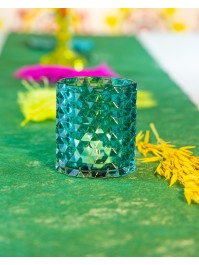 PEACOCK BLUE GLASS CANDLE HOLDER BRADLEY DIA 7.8CM X 8.8CM