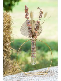 GLASS TUBE FLOWER HOLDER ON GOLDEN METAL ROUND STAND 22CM X 9CM X 20CM