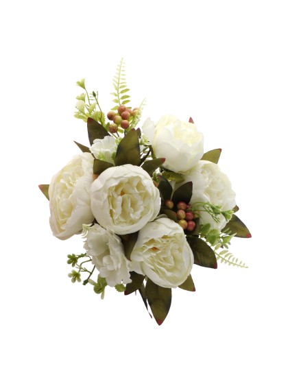 BUNCH 7 WHITE FLOWERS W/ LEAVES 43CM