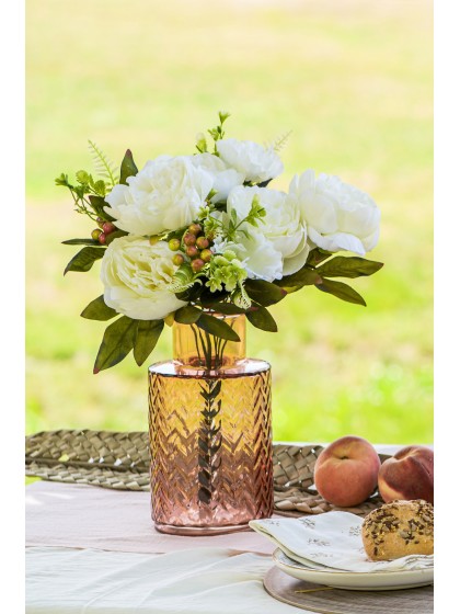 BUNCH 7 WHITE FLOWERS W/ LEAVES 43CM