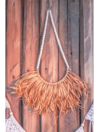 BROWN RAFFIA WOODEN BEADS HANGING 40CM X 1CM X 47CM