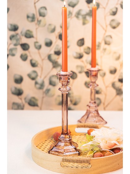 BOUGEOIR CHANDELIER VERRE ROSE D\'AMBRE 10.5CM X 10.5CM X 24.5CM