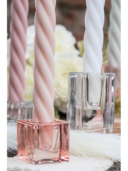 SMOOTH PASTEL PINK GLASS TAPER CANDLE HOLDER 4CM X 4CM X 4CM
