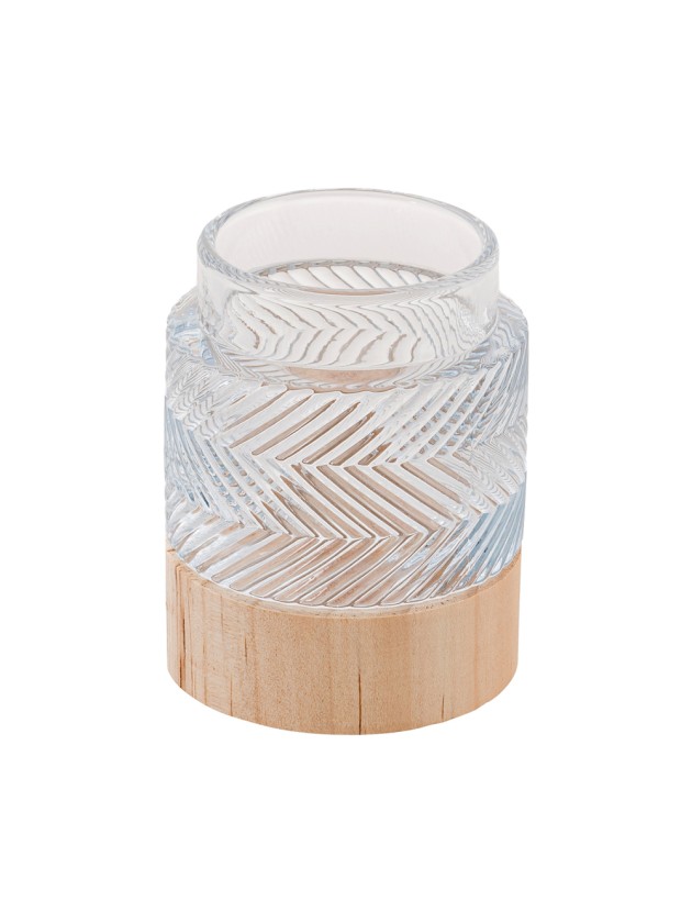 GRAFIK GLASS AND WOODEN CANDLE HOLDER DIA 7CM X 8.6CM