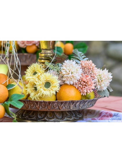 BUNCH OF 5 TANGERINE/WHITE SCABIOUS FLOWERS 32CM