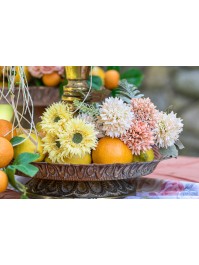 BUNCH OF 5 TANGERINE/WHITE SCABIOUS FLOWERS 32CM