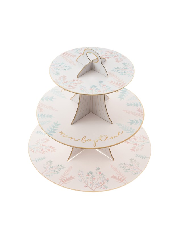 SUPPORT A MIGNARDISES CARTON 3 NIVEAUX MON BAPTEME DIA 30.5CM / 24.5CM / 18CM X 33CM