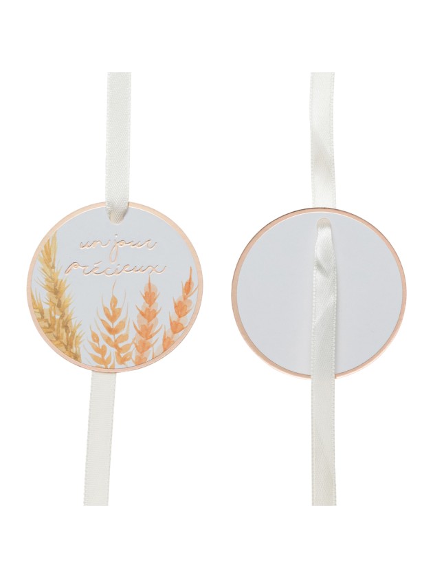 8 CARTON TAGS W/ RIBBON UN JOUR PRECIEUX DIA 5CM