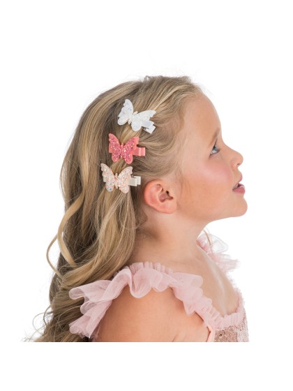 SET OF 3 BUTTERFLY HAIR CLIPS WHITE - BEIGE - PINK 