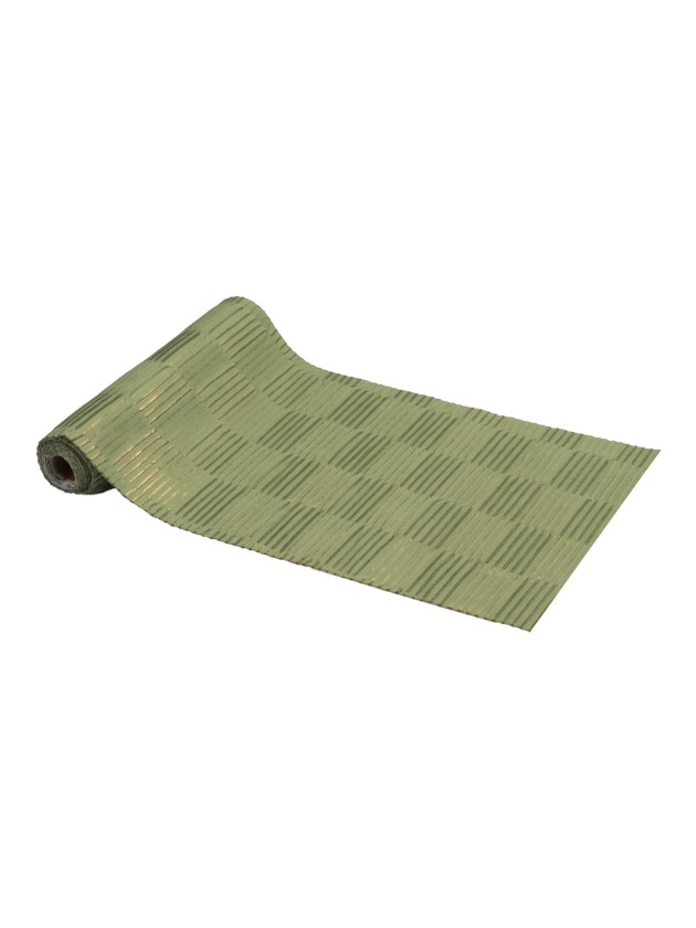 CHEMIN DE TABLE VELOURS PLISSE VERT SAUGE DORE 28CM X 3M