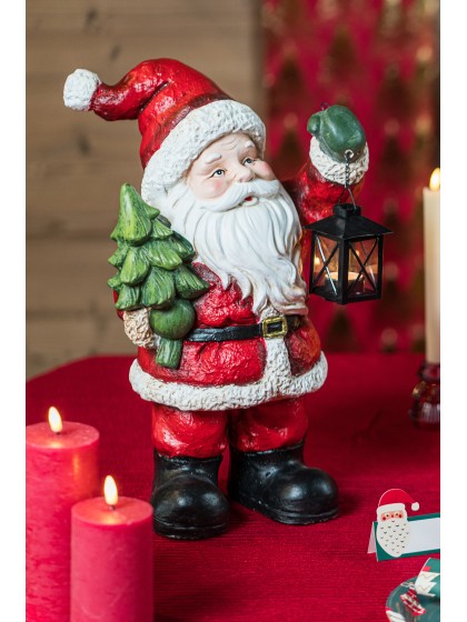 MAGNESIA SANTA WITH TREE AND METAL LANTERN 20CM X 27CM X 47CM