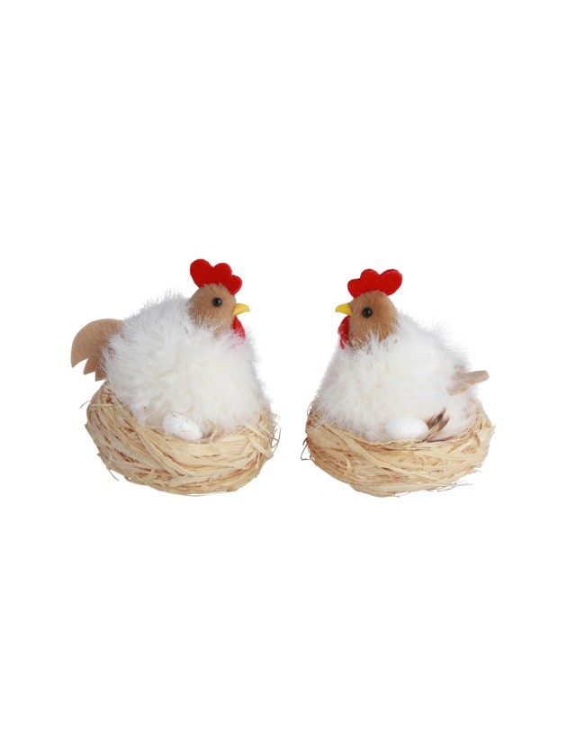 POULE BLANCHE DANS NID 2 ASS DIA 7CM X 8CM