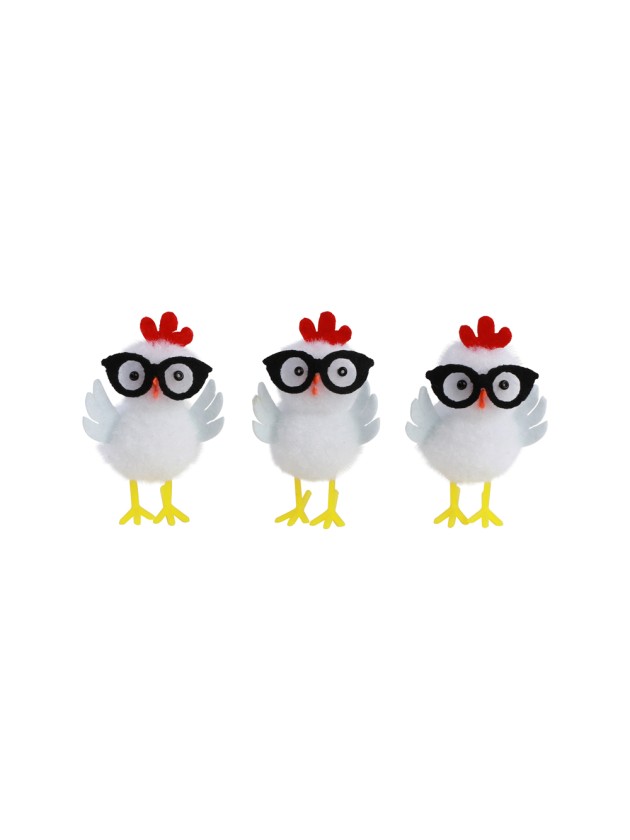 3 LITTLE WHITE HENS WITH GLASSES 3.5CM X 3CM X 5CM