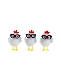 3 LITTLE WHITE HENS WITH GLASSES 3.5CM X 3CM X 5CM