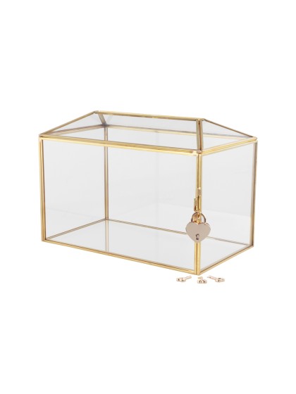 BOITE A BOUQUET / URNE MARIAGE VERRE METAL OR AVEC CADENAS 26CM X 15CM X 18.5CM