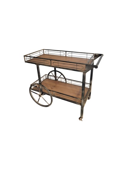 CHARIOT VINTAGE BOIS/METAL 2 ROUES 2 ROULETTES 2 NIVEAUX 94CM X 54CM X 77CM