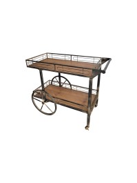 VINTAGE WOODEN AND BLACK METAL CART 2 WHEELS 2 SMALL WHEELS 2 LEVELS 94CM X 54CM X 77CM