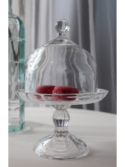 PLATEAU VERRE PETUNIA SUR PIED AVEC CLOCHE DIA 16.4CM X 23CM