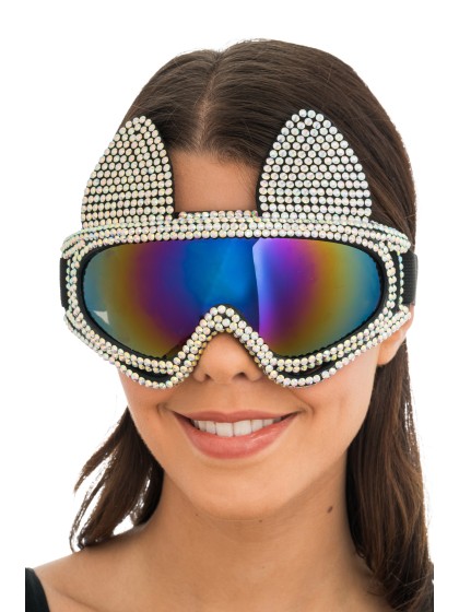 SILVER STRASS CAT SKI GOGGLES 18CM X 13CM