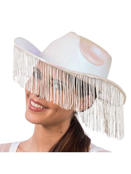 CHAPEAU DE COWBOY BLANC IRISE AVEC FRANGES TU