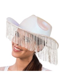 WHITE IRIDESCENT COWBOY HAT WITH FRINGES ONE SIZE