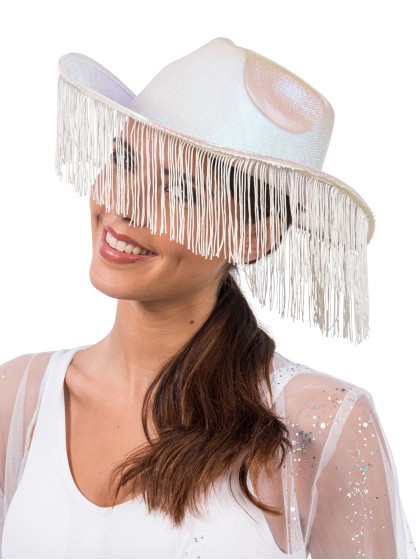 WHITE IRIDESCENT COWBOY HAT WITH FRINGES ONE SIZE
