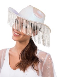 WHITE IRIDESCENT COWBOY HAT WITH FRINGES ONE SIZE