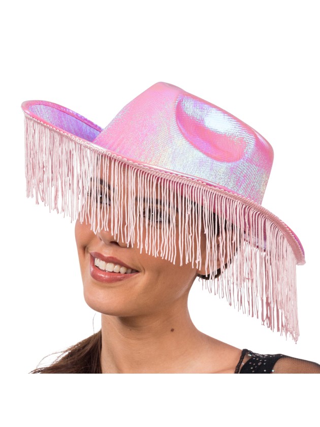 PINK IRIDESCENT COWBOY HAT WITH FRINGES ONE SIZE