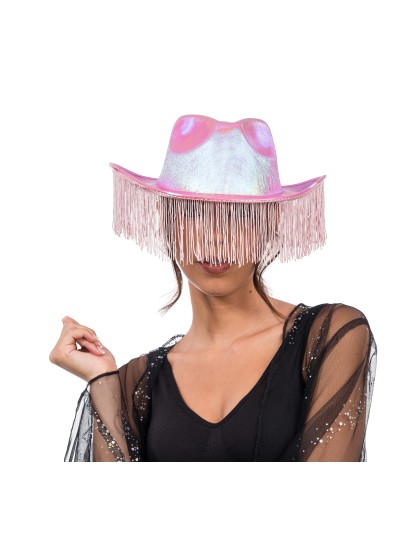 PINK IRIDESCENT COWBOY HAT WITH FRINGES ONE SIZE