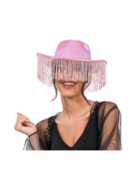PINK IRIDESCENT COWBOY HAT WITH FRINGES ONE SIZE