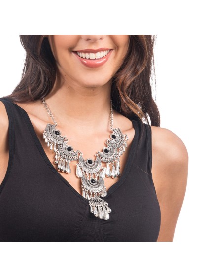 COLLIER DE FESTIVAL BOHEME ETHNIQUE PERLES NOIRES 