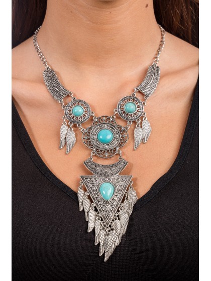 COLLIER DE FESTIVAL BOHEME ETHNIQUE PERLES BLEUES 