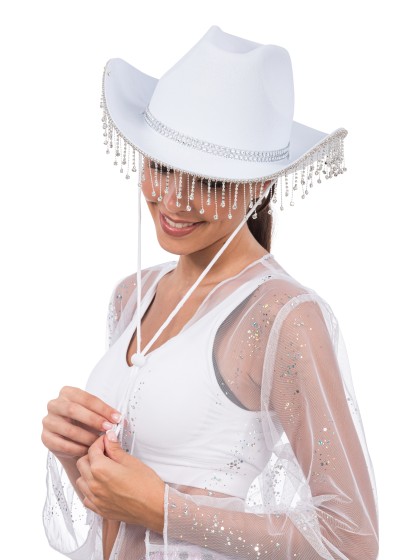 WHITE COWBOY HAT WITH RHINESTONES CHAIN ONE SIZE
