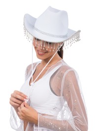 WHITE COWBOY HAT WITH RHINESTONES CHAIN ONE SIZE