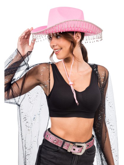 PINK COWBOY HAT WITH RHINESTONES CHAIN ONE SIZE
