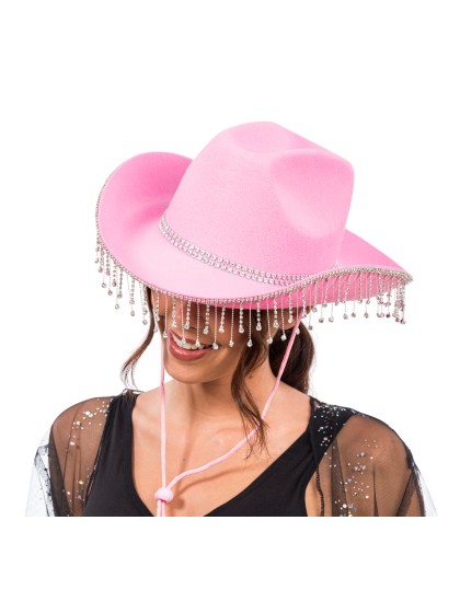 CHAPEAU DE COWBOY ROSE AVEC CHAINE STRASS TU
