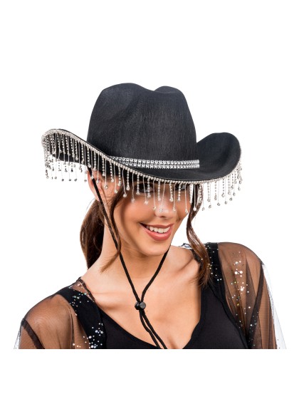 BLACK COWBOY HAT WITH RHINESTONES CHAIN ONE SIZE