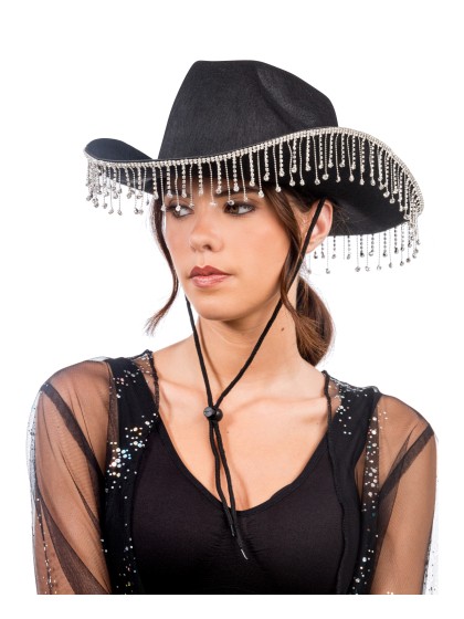 CHAPEAU DE COWBOY NOIR AVEC CHAINE STRASS TU