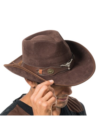CHAPEAU DE COWBOY EFFET SUEDINE BRUN TU - avec elastique intérieur