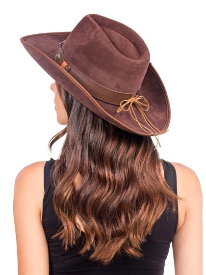 CHAPEAU DE COWBOY EFFET SUEDINE BRUN TU - avec elastique intérieur