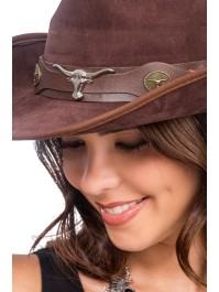 CHAPEAU DE COWBOY EFFET SUEDINE BRUN TU - avec elastique intérieur