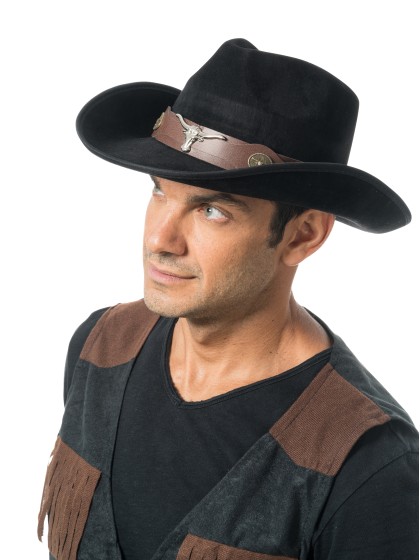 CHAPEAU DE COWBOY EFFET SUEDINE NOIR TU - avec elastique intérieur